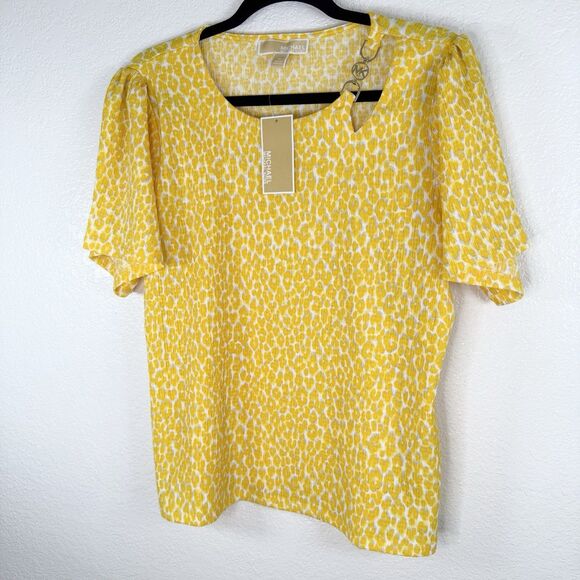 Michael Kors Dandelion Yellow Leopard Print Blouse Medium Animal Print NWT - Picture 2 of 9
